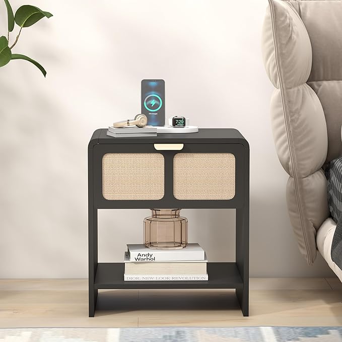 LEVNARY Nightstand Set of 2, Mid-Century Modern Bedside Table with Charging Station and Fabric-Like Textured Drawer, Wooden End Table for Farmhouse Bedroom Living Room (2, Black)