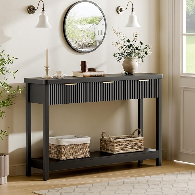 Lulive 51" Fluted Console Table for Entryway, Entryway Table with 3 Wooden Drawers, Farmhouse Behind Sofa Table for Living Room, Hallway, Couch, Foyer-Ruum Studio Home