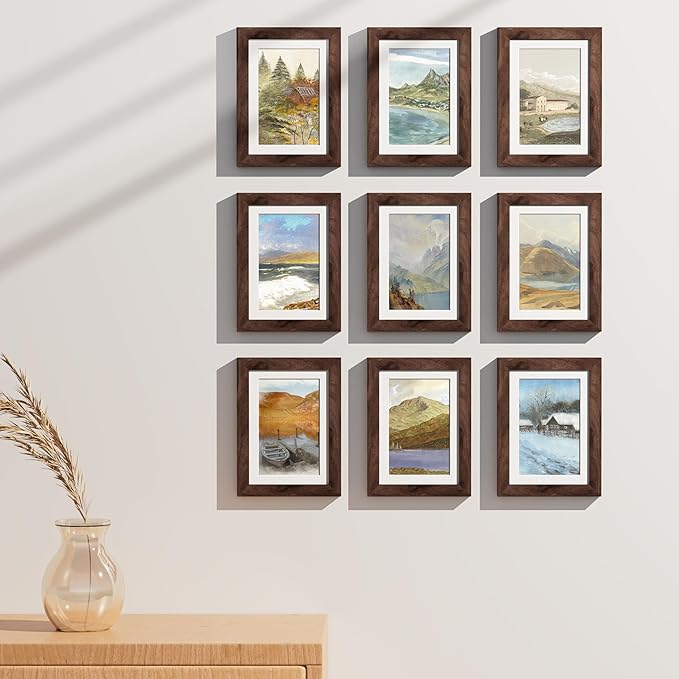 Vittanly 5x7 Picture Frames Set of 9, Shatter Resistant Plexiglass, Display 4x6 Pictures with Mat or 5x7 without Mat, Photo Frames for Wall or Tabletop, Engineered Wood, Walnut-Ruum Studio Home