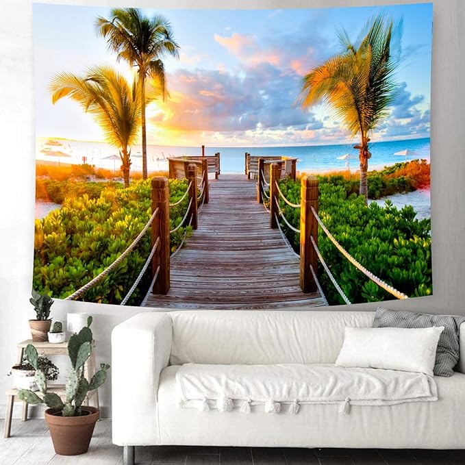 Delur Beach Sunset Tapestry Tropical Seaside Palm Tree Coastal Tapestry Wall Hanging Sunrise Nature Landscape Scenic Psychedelic Headboard for Bedroom Living Room Home Decor (51.2" x 59.1")-Ruum Studio Home