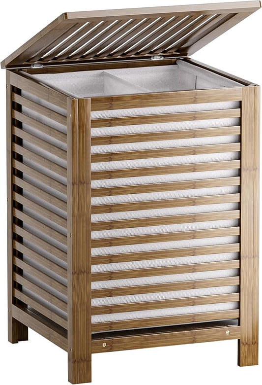 SMIBUY Double Laundry Hamper with Lid, 120L Bamboo Laundry Basket with Removable Liner Bag, 2-Section Clothes Divider Laundry Sorter for Laundry Room, Bathroom, Bedroom (Walnut)-Ruum Studio Home
