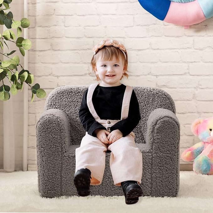 ALIMORDEN Kids Ultra-Soft Snuggle Foam Filled Chair, Toddler Cuddly Sherpa Reading Couch for Boys and Girls, Grey-Ruum Studio Home