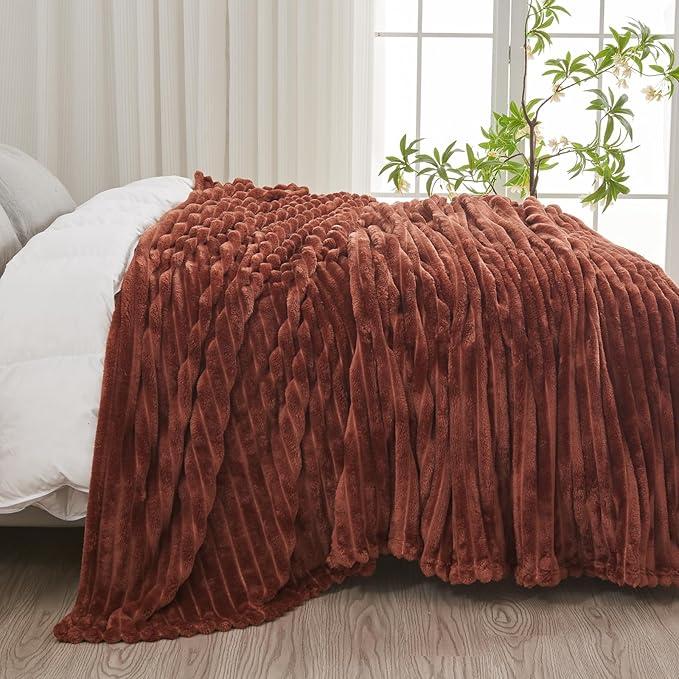 NEWCOSPLAY Super Soft King Blanket Coffee Premium Silky Flannel Fleece 3D Ribbed Jacquard Lightweight Bed Blanket All Season Use (Coffee Ribbed, King(90"x110"))-Ruum Studio Home
