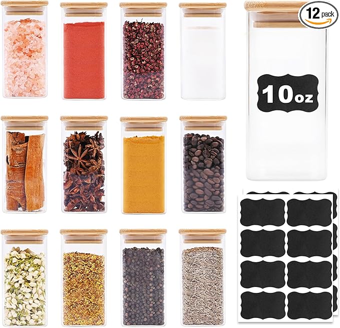 Glass Food Storage Jars Square 10oz, 12 Pack Glass Jars With Bamboo Lids, Kitchen Storage Containers For Spice, Candy, Cookie, Storage For Pantry Organizers-Ruum Studio Home
