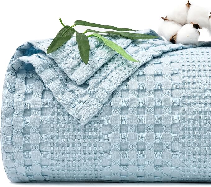 PHF Cooling Waffle Blanket King Size, Lightweight 60% Rayon Derived from Bamboo & 40% Cotton Breathable Blanket for Hot Sleepers, Soft and Luxury for Bed Couch and Sofa,104"x90",Sky Blue-Ruum Studio Home