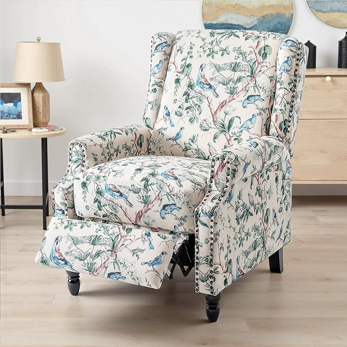 UIXE Floral Pushback Recliner Chair, Fabric Upholstered Armchair Push Back Accent Chair for Living Room, Rivet Trim Club Chair Home Theater Single Sofa Reading Seat - Bird-Ruum Studio Home