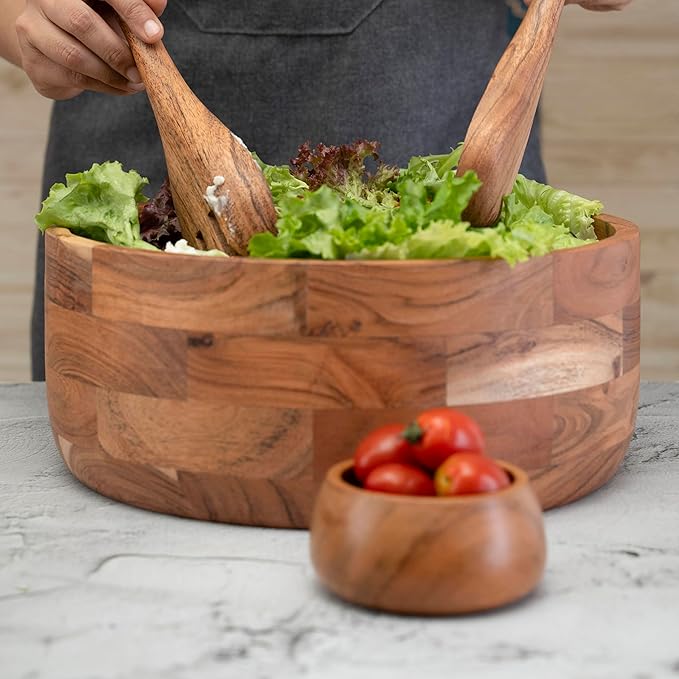 Luxe Designs 12" Wooden Salad Bowl Set with Serving Utensils Eco-Friendly, Multipurpose Mixing & Serving Bowl for Salads, Pasta, Fruits & More – Durable & Stylish Kitchen Essential-Ruum Studio Home
