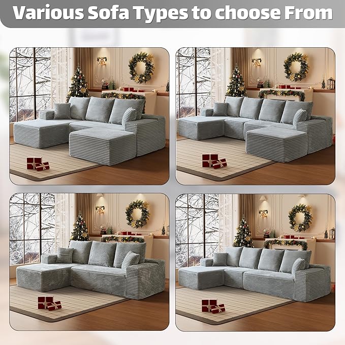 HYJT-H&K Modular Sectional Sofa Cloud Couch, 107" Comfy L Shaped Sectional Couches for Living Room, Deep Seat Memory Foam Plush Fluffy Corduroy Boneless Couch Sectionals Left Facing Sofa Chaise Grey-Ruum Studio Home