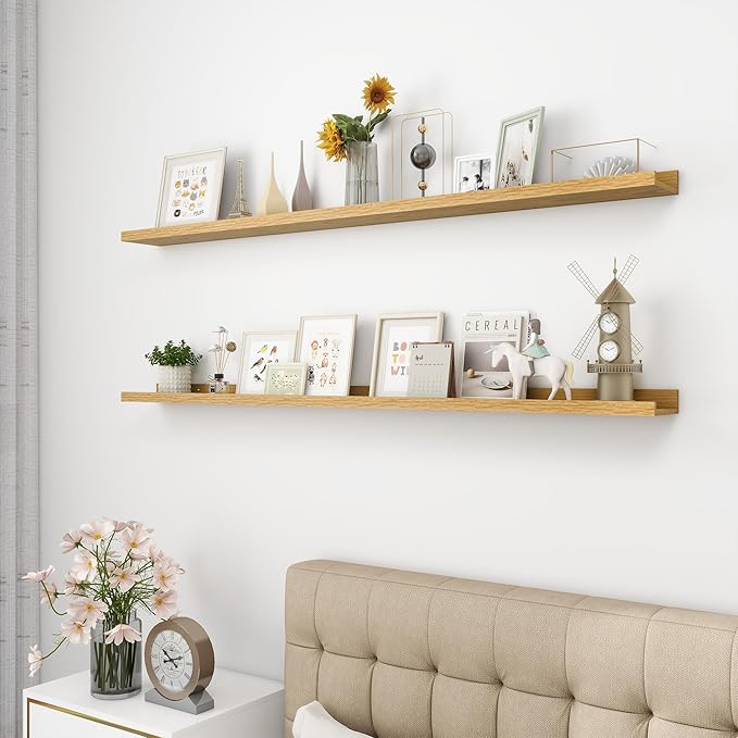 Picture Ledge Shelf, Wood Long Floating Shelves for Wall, Set of 2, 56 inch Picture Ledge Shelves, Photo Ledge Nursery Book Shelves Wall Mounted for Living Room Kids' Room Bedroom, Color Oak-Ruum Studio Home