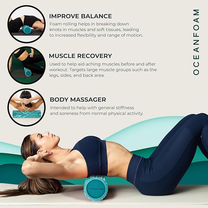 Oceanfoam Tidal Roller - Jade & Seafoam Marbled - Muscle Massage Foam Roller for Back Pain & Stretching - Firm and Ergonomic Wide Wave Textured - Yoga, Athletics, & Wellness - Full Size, 20" x 5"-Ruum Studio Home