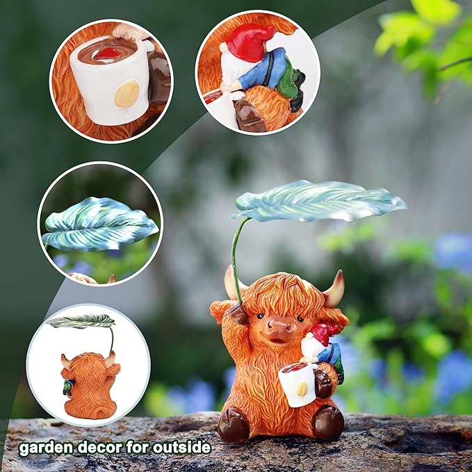 Garden Gnome with Highland Cattle 6.5“ Figurine Ornament for Indoor Outdoor Home Patio Yard Lawn, Red Hat, Blue Outfit, Indoor Outdoor Decorative Statue-Ruum Studio Home