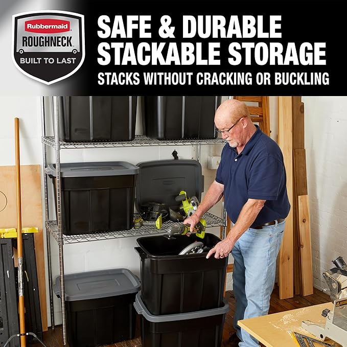 Rubbermaid Roughneck Tote 18 Gal, 6 Pack, Made in USA, Black & Gray, Rugged Plastic Stackable Storage Bins with Lids and Handles-Ruum Studio Home
