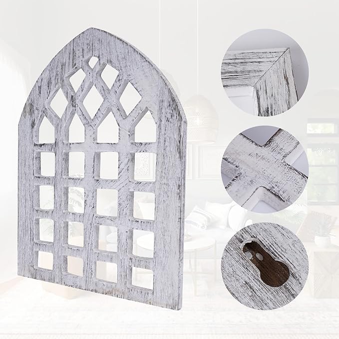 Rustic Wood Window Frame with Green Wreath and Arrows Wall Decor，Farmhouse Window Frame Hanging Decor, Wooden Fake Decoration,Window Pane Wall Decor,Set of 2 (windows white)-Ruum Studio Home