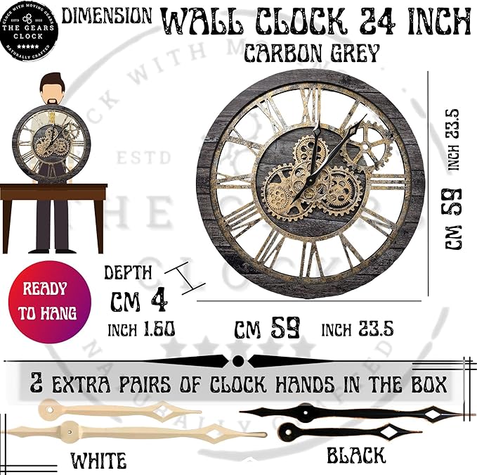 The Gears Clock The Original Real Moving Gear Wall Clock Vintage Industrial Oversized Rustic Farmhouse (24 inch (60cm), Vintage Carbon Grey and Bronze)-Ruum Studio Home