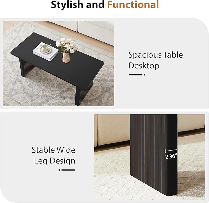 Rectangular Fluted Coffee Table, Farmhouse Wood Coffee Table Mid Century Modern Center Table Boho Living Room Tables for Living Room Office (Black, 19.69" D x 43.3" W x 17.72" H)-Ruum Studio Home