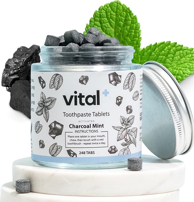 Vital Toothpaste Tabs with Nano-Hydroxyapatite | Naturally Whitens + Remineralizes Teeth | Fluoride & Plastic Free | Combats Sensitivity | Travel & Eco Friendly | Charcoal Mint | 248 Tablets (4 Month)-Ruum Studio Home