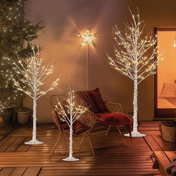 Outdoor Christmas Decorations Lighted Birch Tree Set of 3, LED Warm White 4, 6 and 8 Feet, for Indoor Christmas Decor, Party, Garden, Yard, Wedding, Holiday-Ruum Studio Home