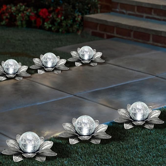 LEWIS&WAYNE Solar Garden Lights Outdoor, 3 Pcs Silver Gray Lotus Flower Pathway Lamps with Cool White Crackle Glass Globe Led Lights for Patio Pathway Yard Balcony Garden Decorations-Ruum Studio Home