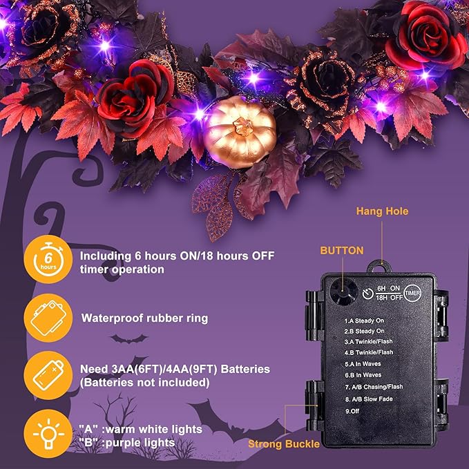 SHareconn 9FT Halloween Garland with Purple Lights Battery Operated and Timer, Pre-Lit Black Red Maple Leaves Lighted Garland Decorations for Fireplace Mantle Centerpiece Indoor Outdoor Decor, 9 FT-Ruum Studio Home
