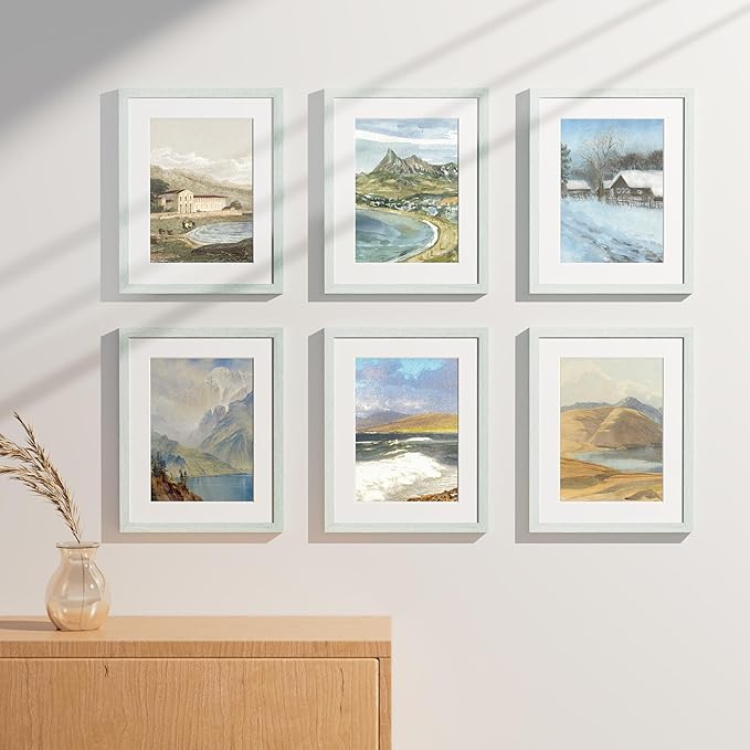 Vittanly 11x14 Picture Frames Set of 9, Shatter Resistant Plexiglass, Display 8x10 Pictures with Mat or 11x14 without Mat, Photo Frames for Wall or Tabletop, Engineered Wood, Vintage Green-Ruum Studio Home
