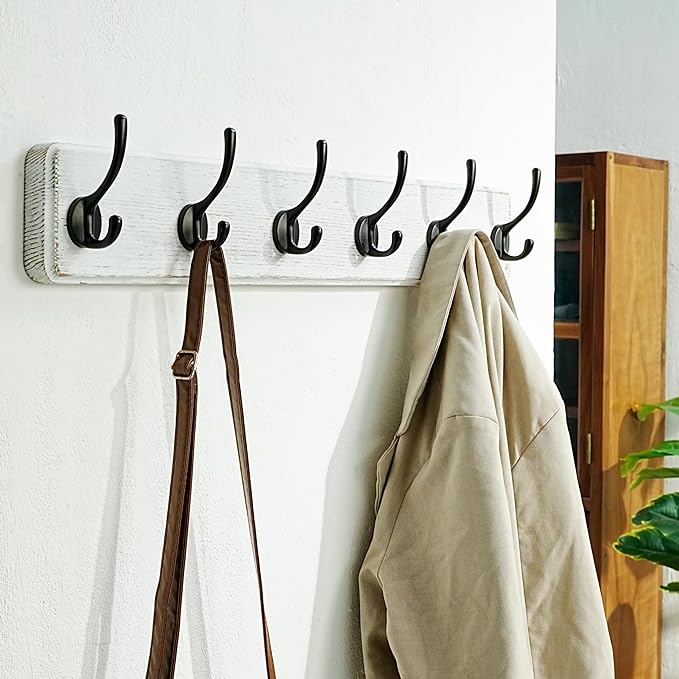 Dseap Wall Mounted Coat Rack: 24" Long, Patented, Heavy-Duty, 6-Double-Hooks Wooden Hanger Rail for Winter Coats, Hat, Jacket, Clothing - White & Black, Pack of 2-Ruum Studio Home
