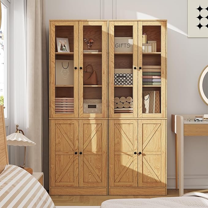 71" Tall Bookcases Set of 2, Bookshelves with Doors, 5-Shelf Bookcase with Storage, Wooden Bookshelf Floor Standing Display Storage Shelves Home Decor Furniture for Living Room,Bedroom,Natural-Ruum Studio Home