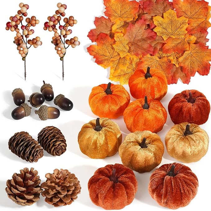 Artmag 51 PCS Artificial Fabric Pumpkins, Fall Harvest Decorations with Acorns, Pinecones, Berries, Maple Leaves for Fall Thansgiving Halloween Decoration-Ruum Studio Home