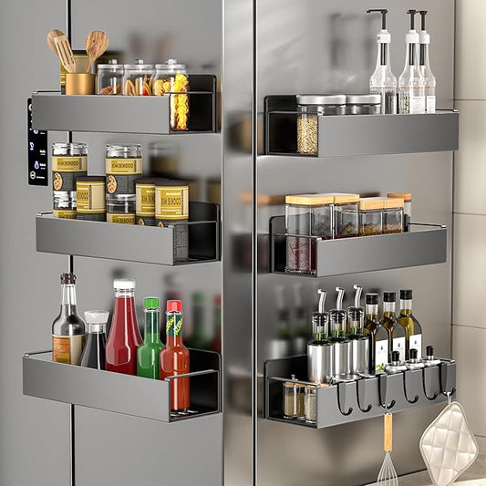 6 Pack Magnetic Spice Rack for Refrigerator, Black Magnetic Shelf for Kitchen Organizer and Storage, Mini Organizers for Oven and Fridge with 6 Hooks-Ruum Studio Home