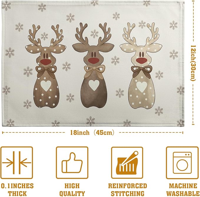 Christmas Reindeer Snowflakes Placemats Set of 4 Xmas Cute Elk Deer Place Mats 12x18 Seasonal Winter Holiday Farmhouse Linen Table Mats for Party Kitchen Dining Outdoor Indoor Decor-Ruum Studio Home