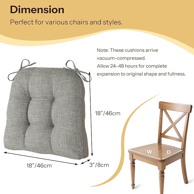 Non Slip Chair Cushions for Dining Chairs Set of 4 Kitchen Chair Cushions 18"x18"x3" Turfted Chair Pads Comfortable and Soft Seat Cushion with Ties, Light Grey-Ruum Studio Home