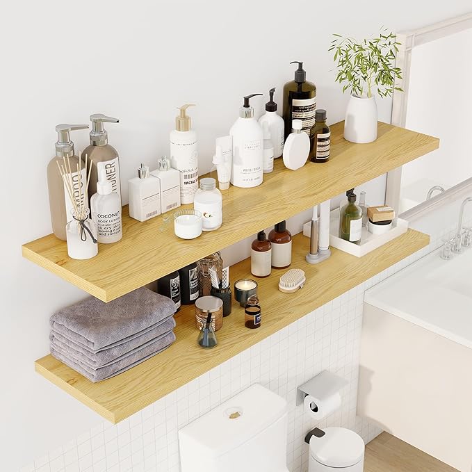 55" Floating Shelves for Wall, 12" Deep Slim Oak Floating Shelves, Wall-Mounted Shelves for Bedroom, Living Room, Kitchen, Bathroom - Set of 2-Ruum Studio Home