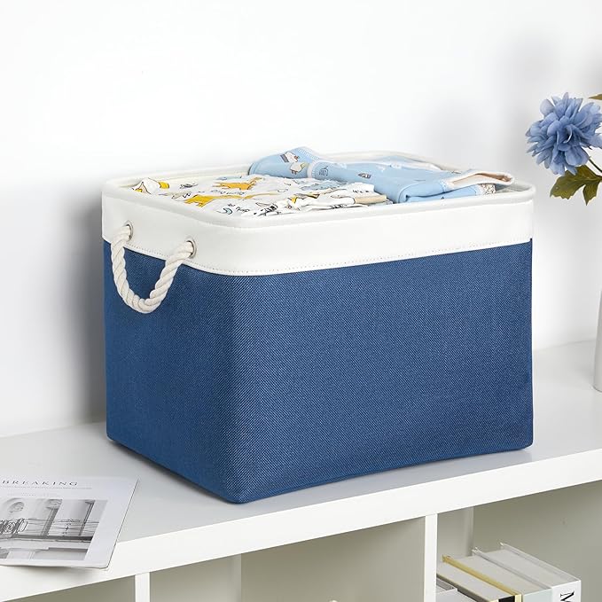 Bidtakay Large Storage Baskets for Shelves 3 Pack Fabric Storage Bins for Organizing Navy Blue Decorative Baskets Linen Collapsible Organizer for Closet-Ruum Studio Home