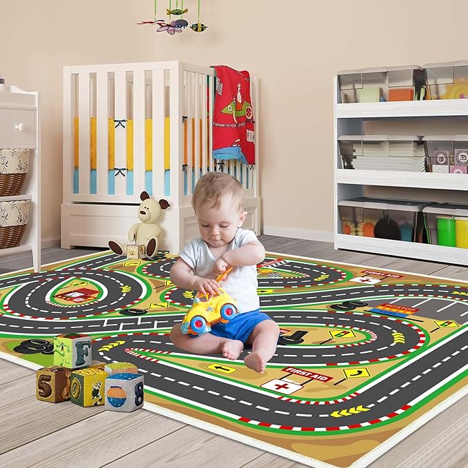 Kids Rug Play mat Playroom Rugs Car Rugs for Kids Toy Cars Race Track for Classroom Rug (Race-Brown, 3.3x4.9ft)-Ruum Studio Home
