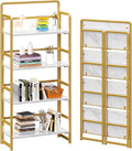 4NM No Assembly Foldable Bookshelf, 4-Shelf Collapsible Bookcase Storage for Small Spaces, 54" H, White and Golden-Ruum Studio Home
