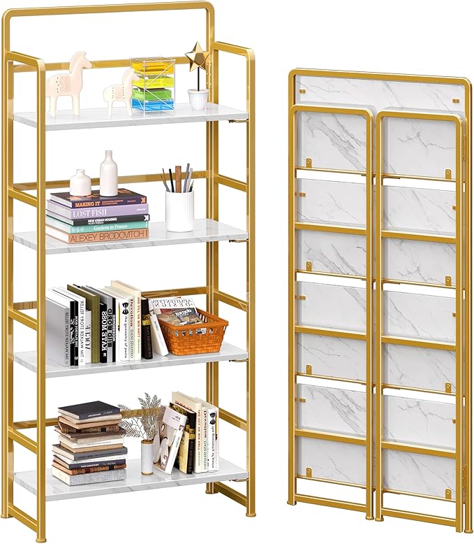 4NM No Assembly Foldable Bookshelf, 4-Shelf Collapsible Bookcase Storage for Small Spaces, 54" H, White and Golden-Ruum Studio Home