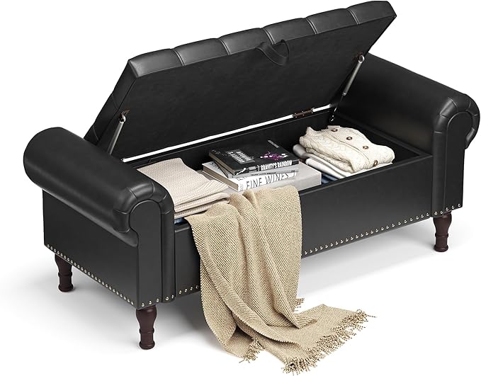 Storage Ottoman Bench for Bedroom, 51" Upholstered Bedroom Bench with Rolled Arms and Vintage Rivets, Large Storage Chest for Living Room, Bedroom, Entryway, Black-Ruum Studio Home