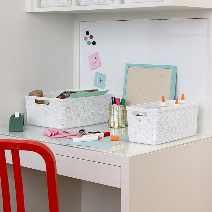 Curver Jute Decorative Plastic Organization and Storage Basket Perfect Bins for Home Office, Closet Shelves, Kitchen Pantry and All Bedroom Essentials, Slim, White, Set of 8-Ruum Studio Home
