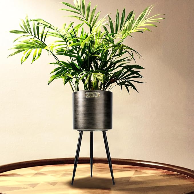 Harvest Land Plant Pots with Stand, Set of 2 Large Modern Planters Metal Tall Handmade Flower Pots with Drainage Holes Indoor Outdoor,Black-Ruum Studio Home