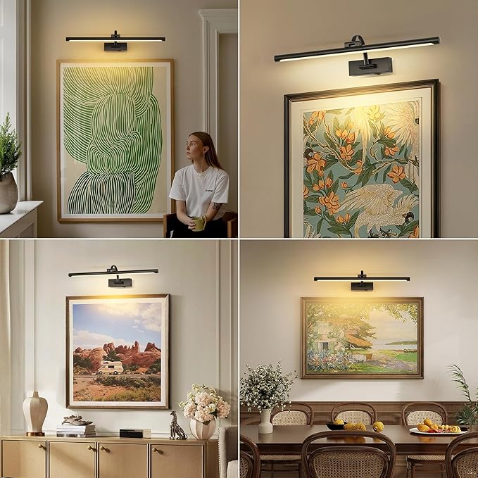 Dimmable Black Picture Lights with Remote and Timer Wireless Art Lights Rechargeable Gallery Lighting for Canvas Portrait 24'' Inch 5W Warm White-Ruum Studio Home
