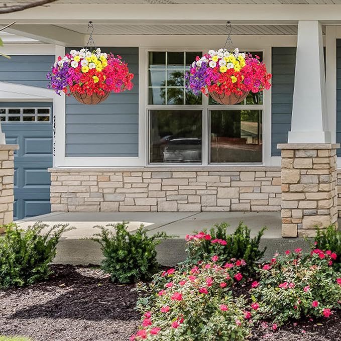 Artificial Faux Hanging Flowers Plants Basket for Outdoors, Silk Morning Glory with Eucalyptus in Planter Look Real UV Resistant Fake Flowers for Porch Outside Patio Balcony Yard Indoor Summer Decor-Ruum Studio Home