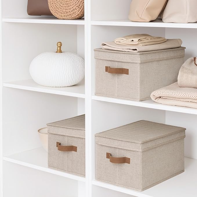 StorageWorks Large Storage Bins with Lids, Decorative Storage Boxes with Lid and PU Handles, Foldable Storage Baskets for Closet, Shelves, Stackable, Brown and Beige, 3-Pack-Ruum Studio Home