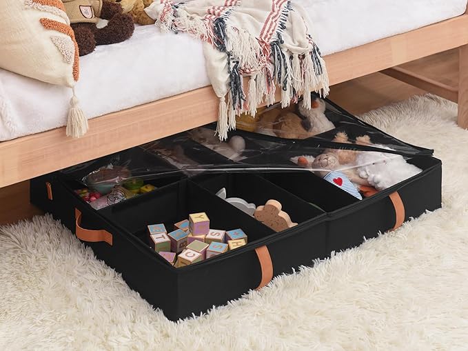 StorageWorks Shoe Organizer Under Bed for Closet, 2-Pack Ultra-thick Fabric Shoe Storage Containers with Bottom Support and Adjustable Dividers, Fits up to 24 Pairs, Black-Ruum Studio Home