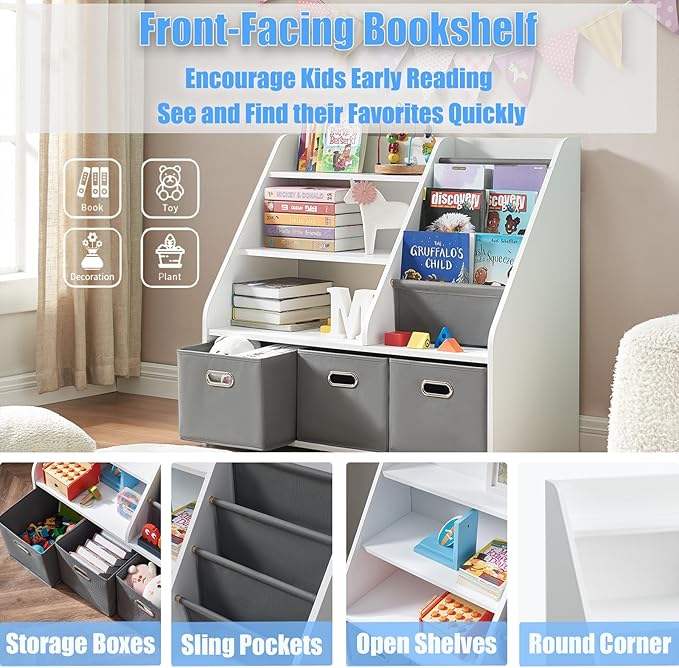 Wood Kids Bookshelf, Toy Organizer with Bookshelf, Montessori Toy Shelf W/Sling Rack & Fabric Toy Bins, Toy Storage Organizer for Toddler Children, Wooden Book Shelf for Kids Room Playroom-Ruum Studio Home
