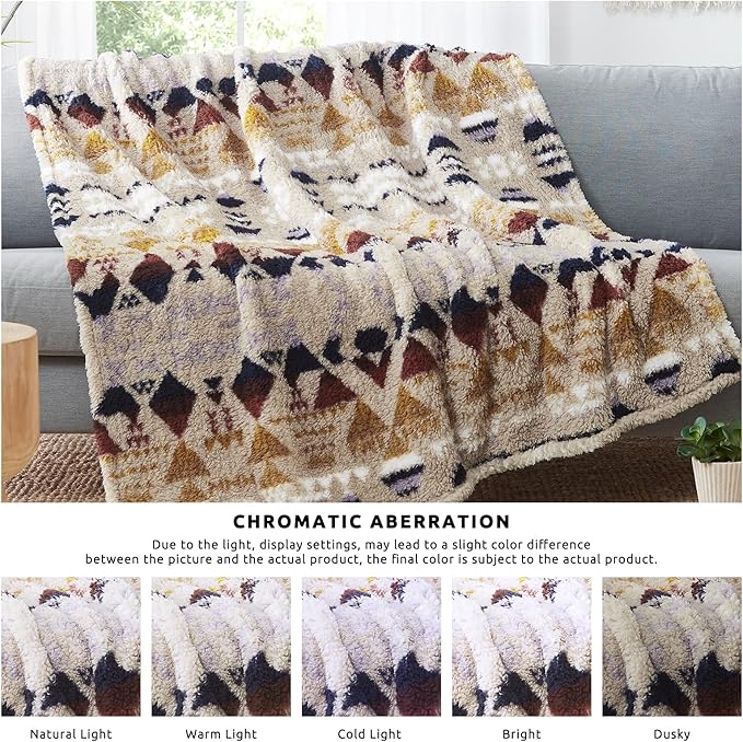 CASAAGUSTO Boho Sherpa Throw Blanket, Aztec King Size Blanket, Ultra Soft, Warm, Cozy, Plush, Thick Fleece Bohemian Throw Blanket for Couch, Bed, Sofa (Khaki 108 * 90 Inch)-Ruum Studio Home
