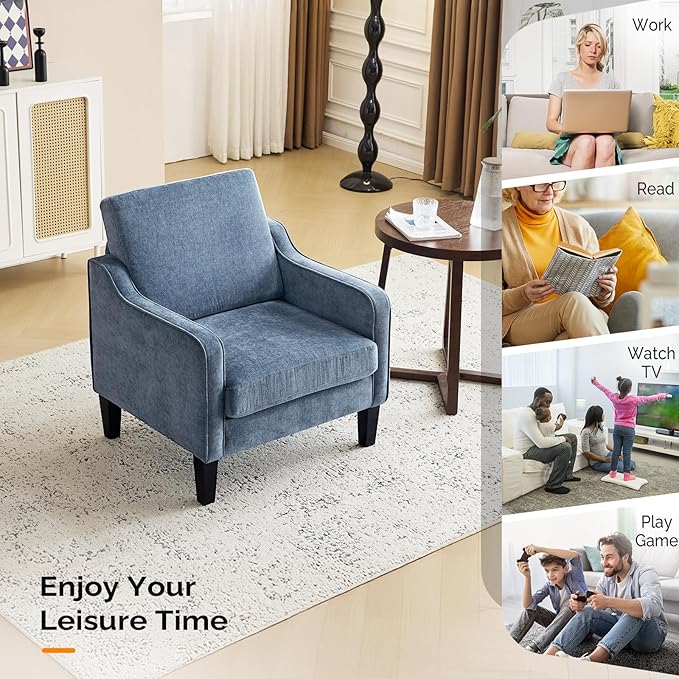 VINGLI Mid Century Modern Accent Chair,Navy Blue Chenille Chairs for Living Room Upholstered Armchair with Scooped Arms for Bedroom,Apartment,Studio,Office,Waiting Room-Ruum Studio Home