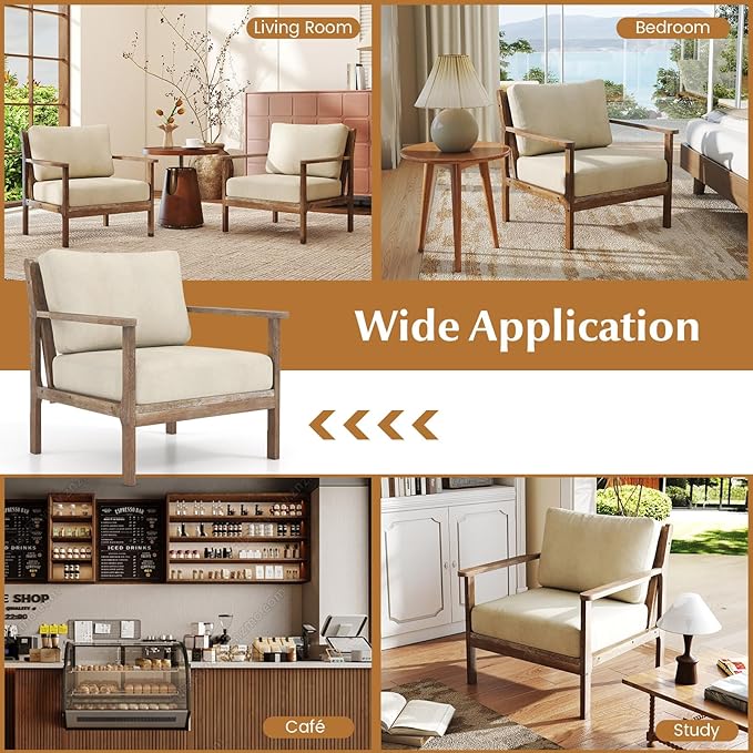 Giantex Mid Century Modern Accent Chair Set of 2, Wooden Arm Chair w/Solid Wood Frame, Removable Seat Cushion & Pillow, Vintage Comfy Reading Chair for Living Room, Bedroom, Study-Ruum Studio Home