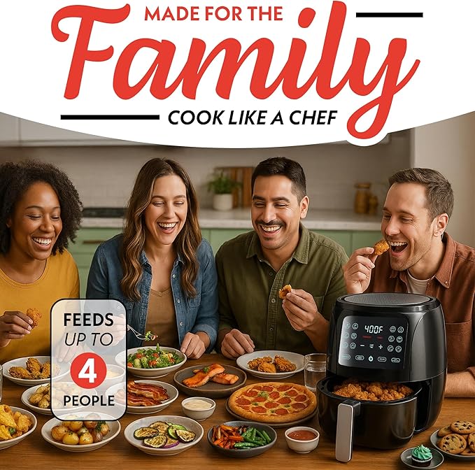 Gourmia Air Fryer Oven Digital Display 4 Quart Large AirFryer Cooker 12 1-Touch Cooking Presets, Black and Stainless Steel Accents Fry Force GAF486-Ruum Studio Home