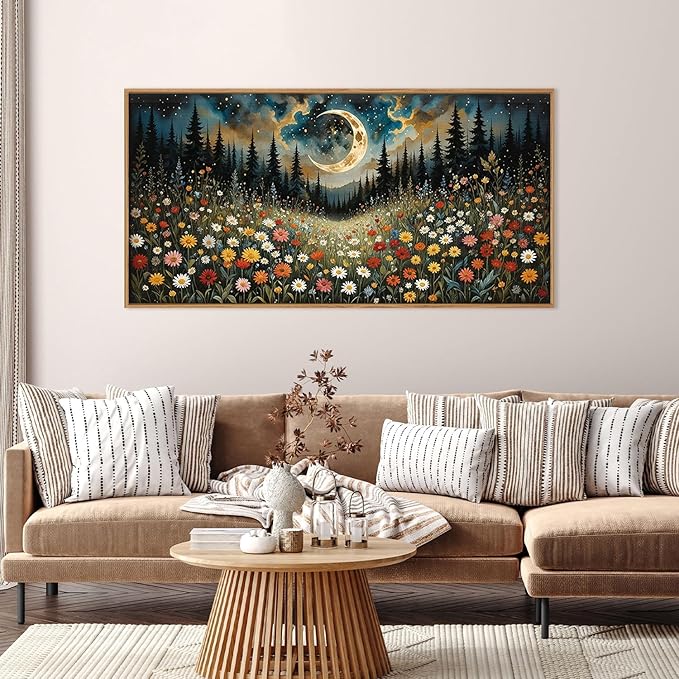 HPINUB Wildflower Moon Pine Tree Framed Canvas Wall Art Set,Nature Forest Wall Decor,Mystical Starry Night Artwork Rustic Mountain Landscape Art Print for Living Room,Bedroom,Office-20 x40-Ruum Studio Home