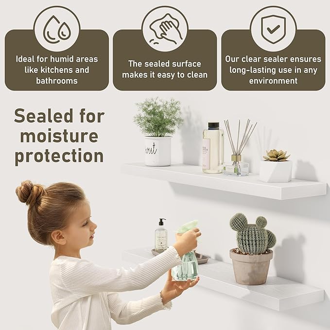 White Floating Shelves Wall Shelf 40 Inch, 8 Inch Deep Floating Shelf for Wall, Farmhouse Black Wood Shelves Invisible Bracket for Living Room, Bedroom, Kitchen, 40 x 8 x 1.4 Inch, Set of 2-Ruum Studio Home