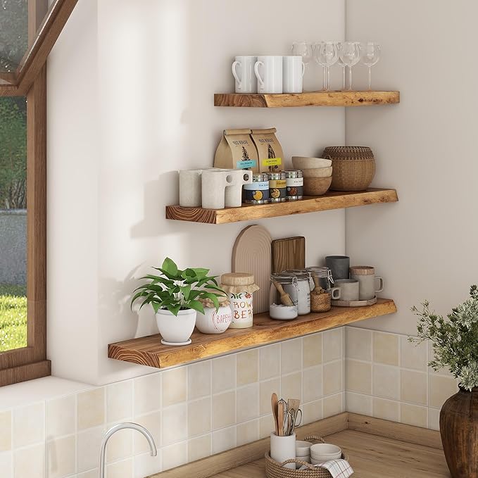 Axeman 40 inch Floating Shelves for Wall - 8'' D Live Edge Rustic Solid Elm Wood Floating Shelves Wall Mounted, Wall Shelves with Invisible Bracket for Living Room Bedroom Kitchen, 1 Pc Natural-Ruum Studio Home